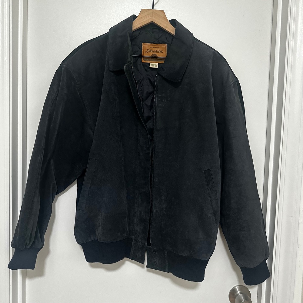 St Johns Bay | Men's Blue Genuine Leather Suede Lined Quilted Bomber Jacket, L